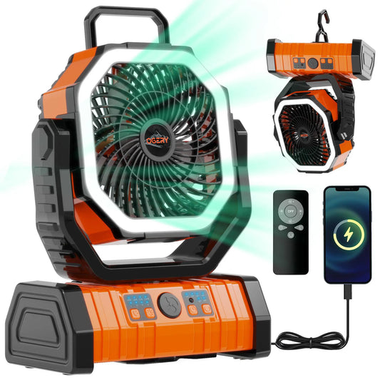 OGERY 20000mAh Rechargeable Camping Fan with LED Light, Power Bank, 360° Rotating Hook & Portable Multi-Function