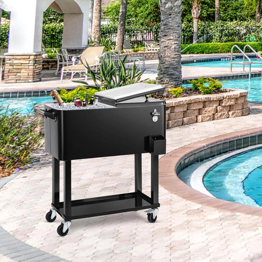 80 Quart Rolling Ice Chest Cooler Cart – Patio Party Beverage Trolley with Scoop
